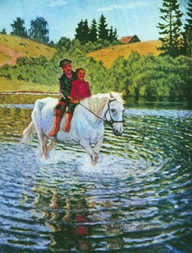 150の主題の芸術作品 Painting - 馬に乗った子供たち ニコライ・ボグダノフ・ベルスキー 子供 動物 ペット